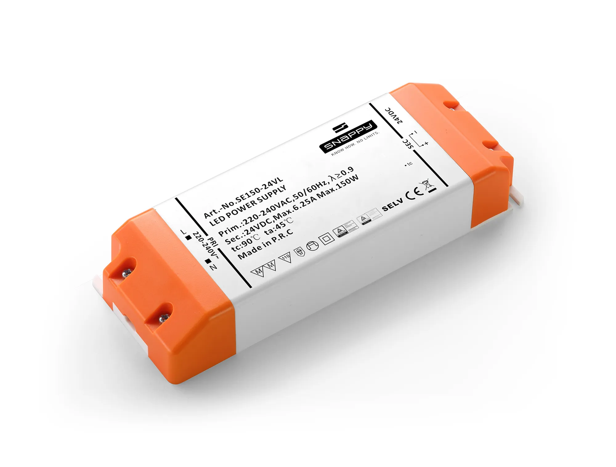 SE150-24VL  150W, Constant Voltage Non Dimmable LED Driver, 24VDC, 6.25A, Input 200-240VAC 50/60Hz, IP20.